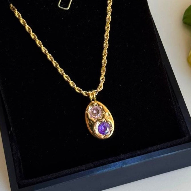 Pembe Mor Taş Oval Kolye